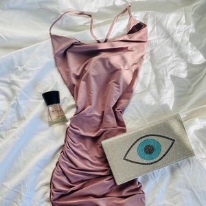 Demetria Ruched Mini Dress in Taupe